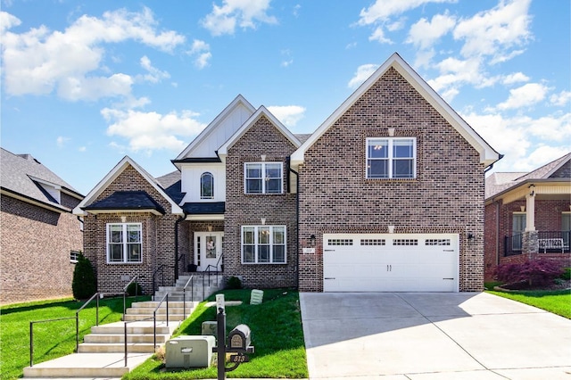 view of front of home featuring brick siding, driveway, an attached garage, and a front lawn