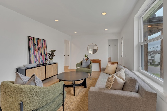 living room featuring light wood-style floors and recessed lighting