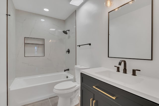 bathroom with  shower combination, toilet, and vanity
