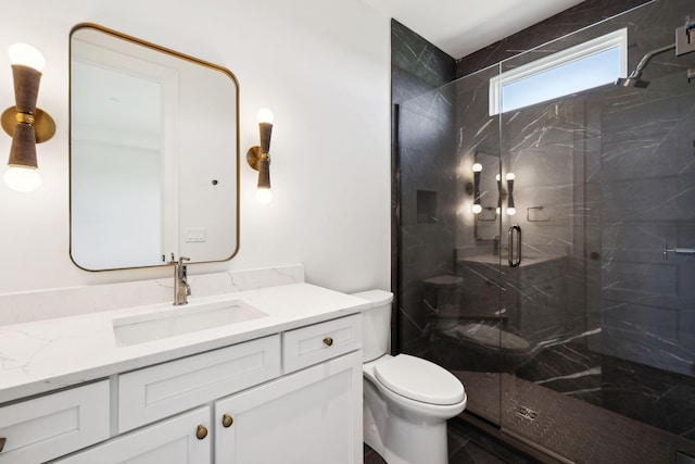 bathroom featuring toilet, vanity, and a marble finish shower