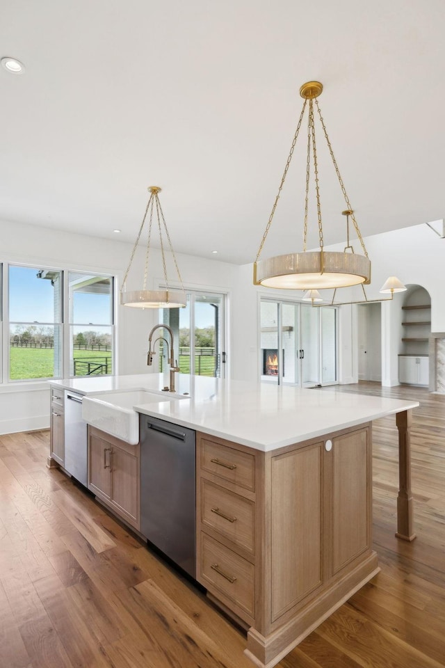 kitchen with stainless steel dishwasher, a sink, wood finished floors, and light brown cabinetry