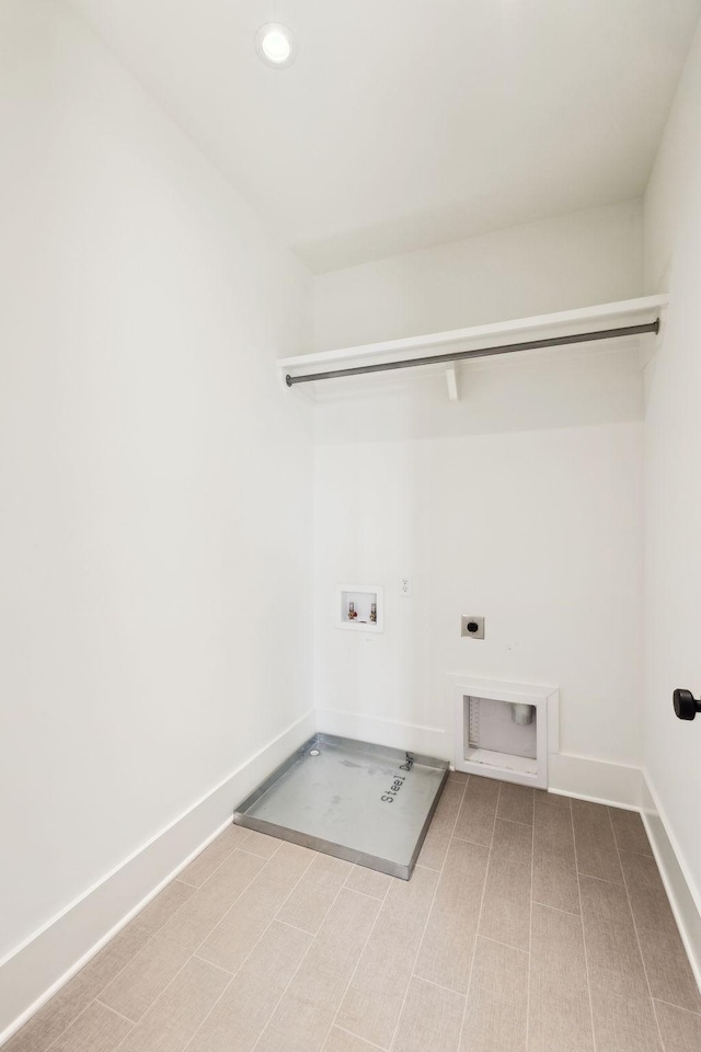 clothes washing area featuring hookup for an electric dryer, laundry area, baseboards, recessed lighting, and hookup for a washing machine