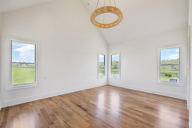 spare room featuring high vaulted ceiling, a healthy amount of sunlight, and light wood-type flooring