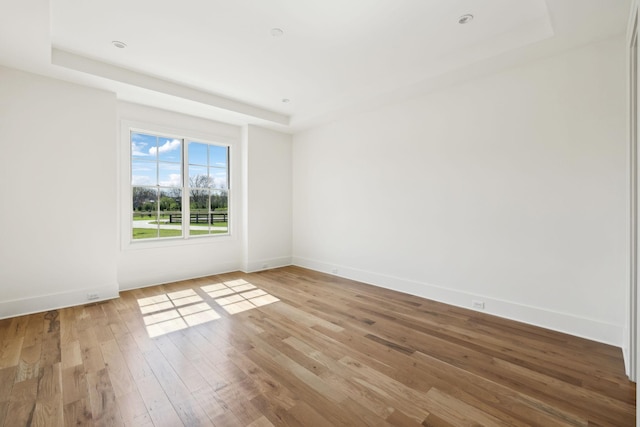 unfurnished room featuring baseboards, a tray ceiling, and light wood-style floors