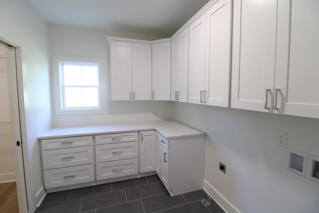 2111 Horton Way, Lewisburg, TN 37091 - laundry area featuring cabinet space, electric dryer hookup, dark tile patterned floors, and hookup for a washing machine