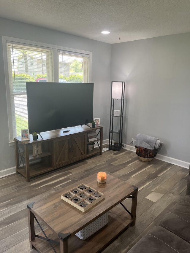 living room with baseboards, wood finished floors, and a textured ceiling