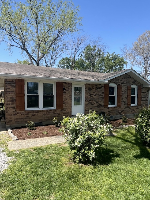 ranch-style house with roof with shingles, a front yard, and brick siding