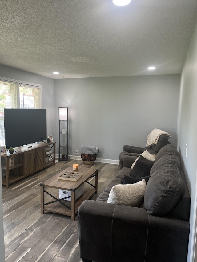 living room featuring baseboards, a textured ceiling, and dark wood finished floors