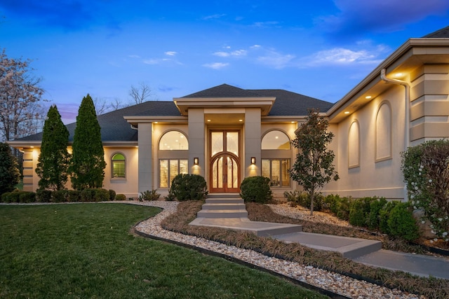 720 Valhalla Ln, Brentwood, TN 37027 - view of front of house featuring roof with shingles, french doors, stucco siding, and a lawn