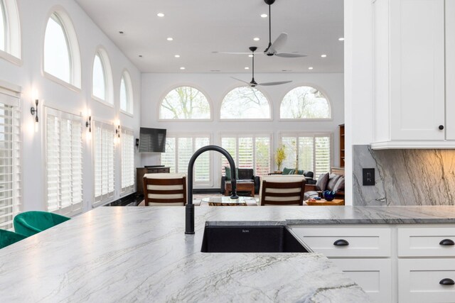 720 Valhalla Ln, Brentwood, TN 37027 - kitchen featuring a sink, open floor plan, white cabinetry, and light stone countertops