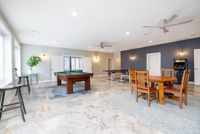 720 Valhalla Ln, Brentwood, TN 37027 - rec room with a ceiling fan, recessed lighting, marble finish floor, baseboards, and billiards