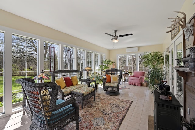 1737 Bratton Ln, Williamsport, TN 38487 - sunroom / solarium featuring an outdoor hangout area, ceiling fan, a wall mounted AC, and tile patterned floors