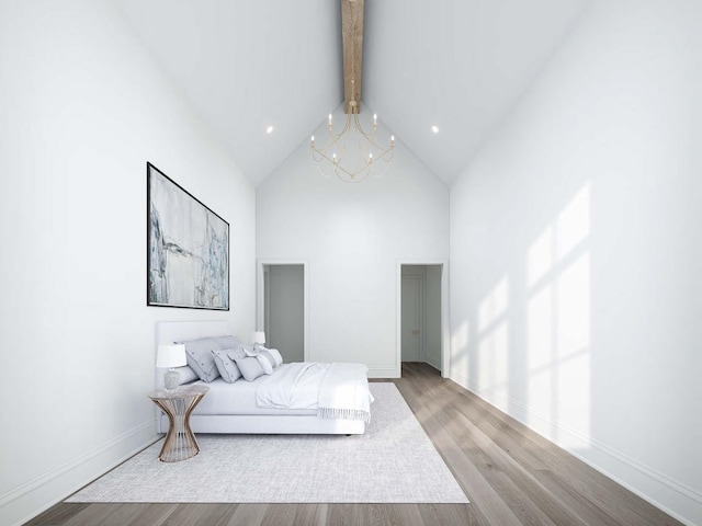 544 Bonaire Ln, Franklin, TN 37064 - bedroom featuring beam ceiling, a chandelier, high vaulted ceiling, wood finished floors, and recessed lighting