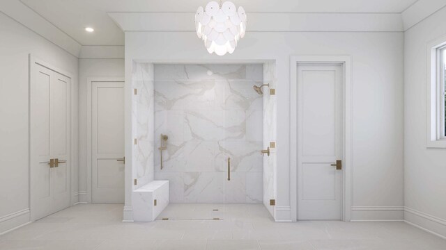 544 Bonaire Ln, Franklin, TN 37064 - full bath with a marble finish shower, a chandelier, tile patterned floors, and recessed lighting