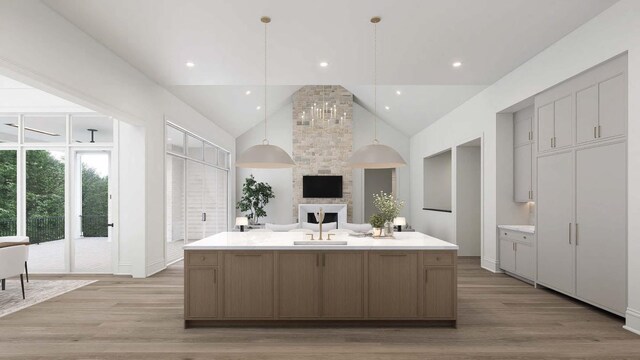 544 Bonaire Ln, Franklin, TN 37064 - kitchen with a spacious island, light wood-style flooring, open floor plan, light countertops, and high vaulted ceiling