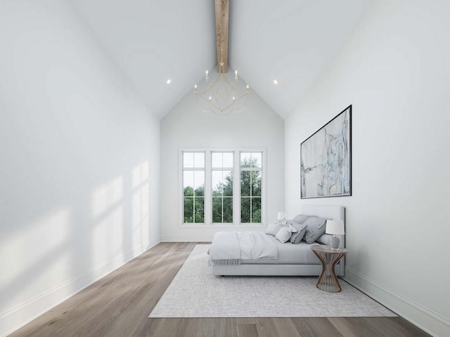 544 Bonaire Ln, Franklin, TN 37064 - bedroom featuring beam ceiling, a chandelier, wood finished floors, high vaulted ceiling, and recessed lighting