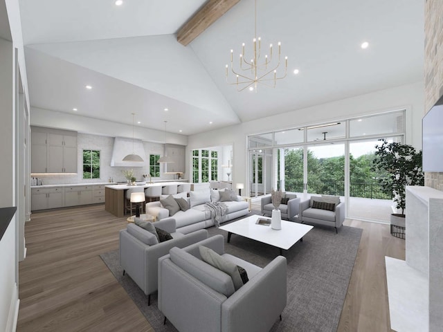 544 Bonaire Ln, Franklin, TN 37064 - living area with high vaulted ceiling, beamed ceiling, recessed lighting, plenty of natural light, and a chandelier