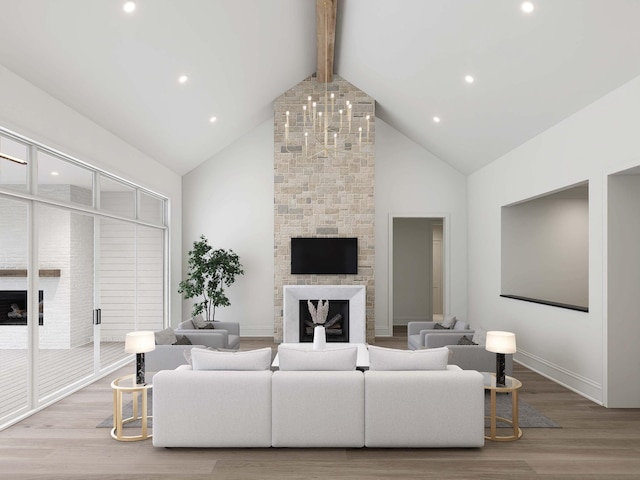 544 Bonaire Ln, Franklin, TN 37064 - living area featuring a fireplace, high vaulted ceiling, beam ceiling, wood finished floors, and recessed lighting