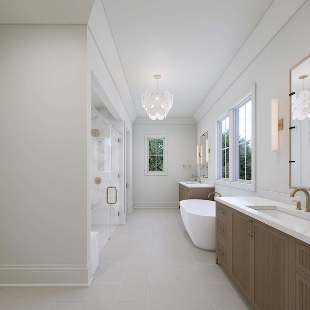 544 Bonaire Ln, Franklin, TN 37064 - full bath with a stall shower, two vanities, a chandelier, tile patterned floors, and a freestanding tub