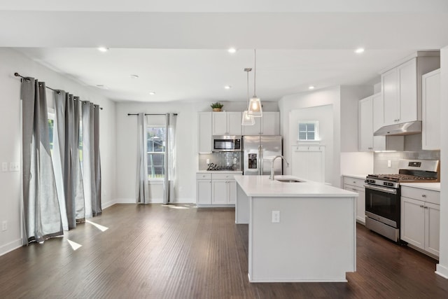 kitchen featuring stainless steel appliances, under cabinet range hood, light countertops, and a sink