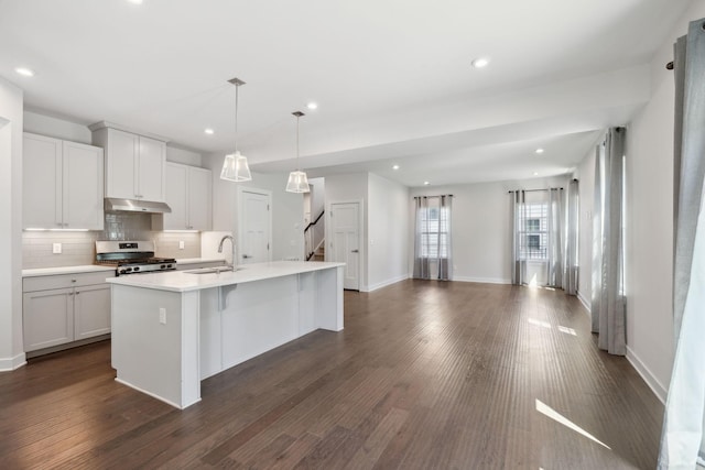kitchen featuring tasteful backsplash, stainless steel range with gas stovetop, a sink, open floor plan, and under cabinet range hood