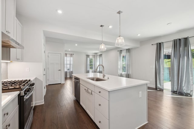 kitchen featuring recessed lighting, under cabinet range hood, dark wood-type flooring, appliances with stainless steel finishes, and a sink