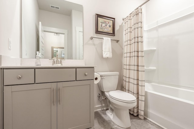 bathroom featuring tile patterned floors, toilet, vanity, shower / bathtub combination with curtain, and visible vents