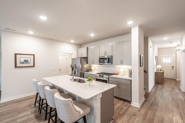 kitchen with a breakfast bar, stainless steel appliances, an island with sink, a sink, and gray cabinets