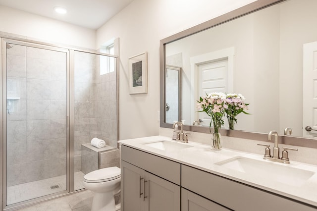full bathroom featuring a shower stall, toilet, and a sink