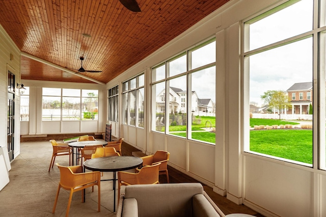 sunroom / solarium featuring lofted ceiling, a ceiling fan, wood ceiling, and a residential view