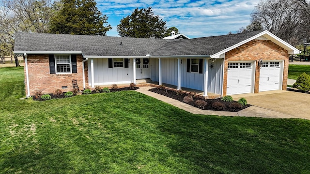 single story home featuring brick siding, board and batten siding, and a front yard