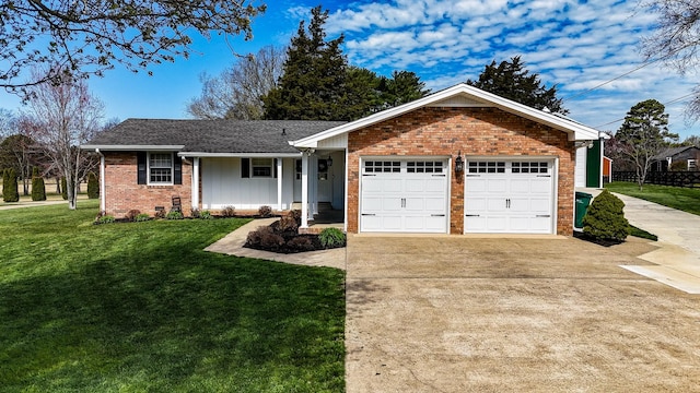 ranch-style house featuring driveway, a front yard, roof with shingles, an attached garage, and brick siding