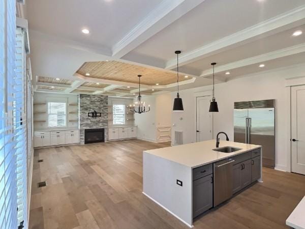 1412 Woodmont Blvd, Nashville, TN 37215 - kitchen featuring light wood-style flooring, a sink, appliances with stainless steel finishes, coffered ceiling, and a fireplace