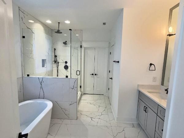 1412 Woodmont Blvd, Nashville, TN 37215 - full bathroom with recessed lighting, vanity, a marble finish shower, marble finish floor, and baseboards