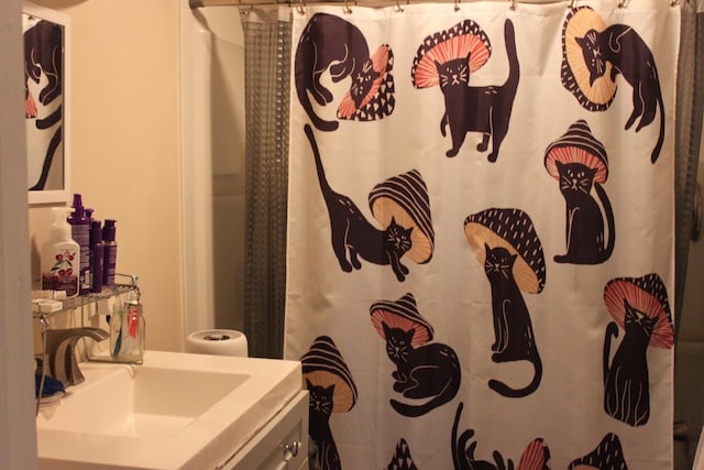 bathroom with vanity and a shower with curtain