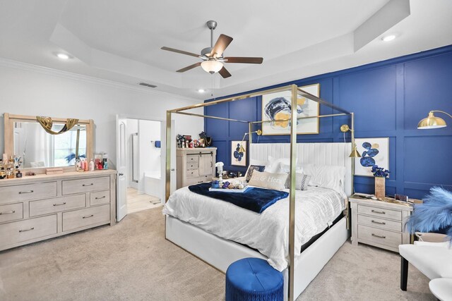 3652 Stormy Ln, Rockvale, TN 37153 - bedroom with a tray ceiling, carpet floors, a decorative wall, visible vents, and ornamental molding