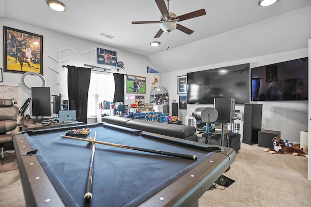 3652 Stormy Ln, Rockvale, TN 37153 - game room with carpet flooring, a ceiling fan, billiards, lofted ceiling, and visible vents