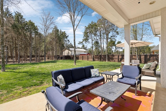 view of patio / terrace featuring a fenced backyard and outdoor lounge area