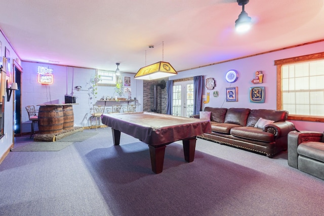 playroom with french doors, pool table, ornamental molding, and carpet floors