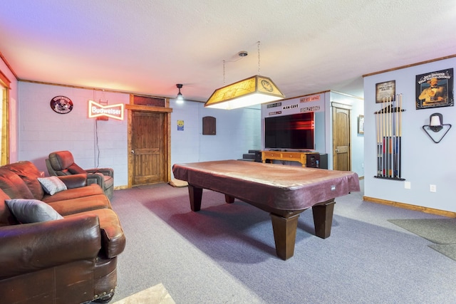 game room with a textured ceiling, carpet floors, concrete block wall, baseboards, and billiards