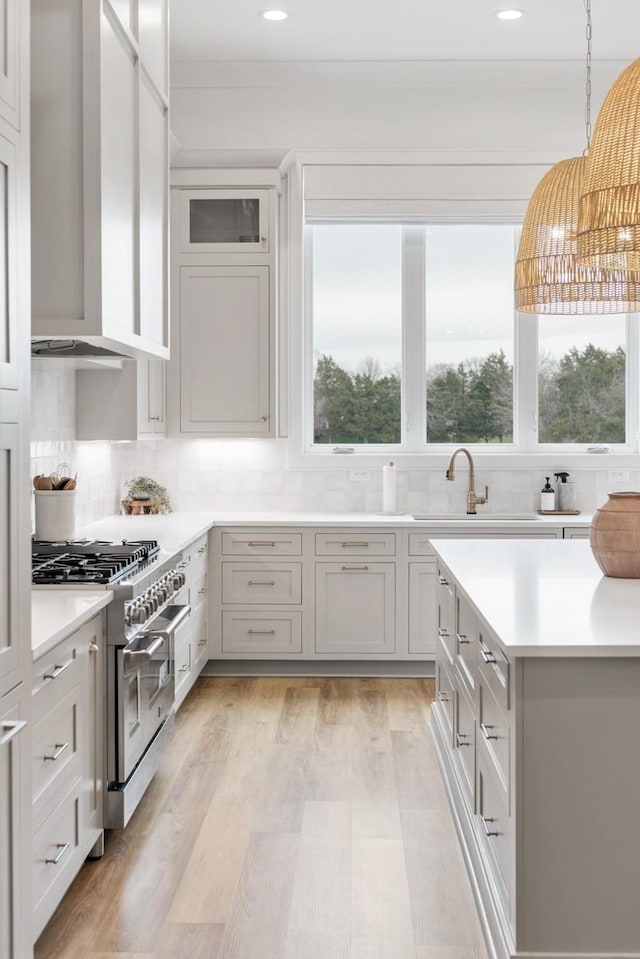 kitchen featuring high end range, light countertops, decorative backsplash, and a healthy amount of sunlight
