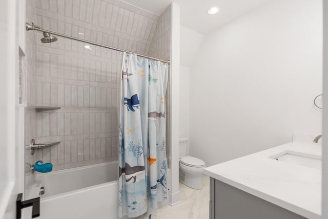 full bathroom featuring shower / bathtub combination with curtain, toilet, and vanity
