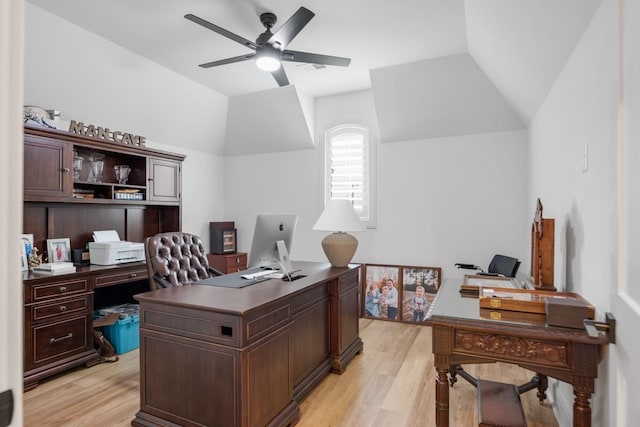 office featuring light wood-type flooring, vaulted ceiling, and ceiling fan