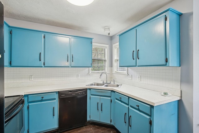 kitchen featuring backsplash, a sink, black appliances, and dark wood finished floors