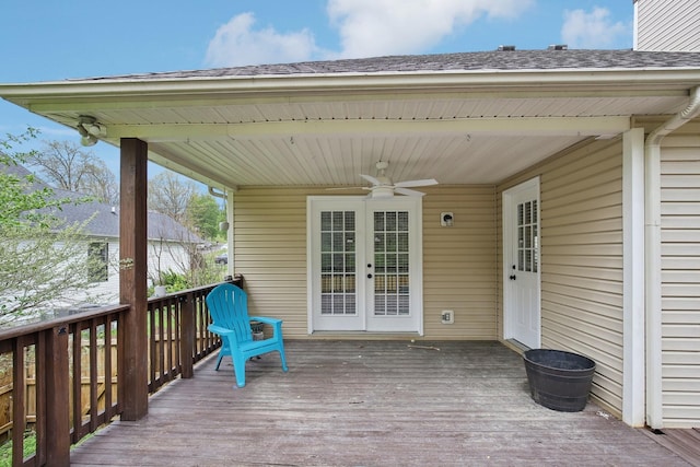 deck with french doors and a ceiling fan
