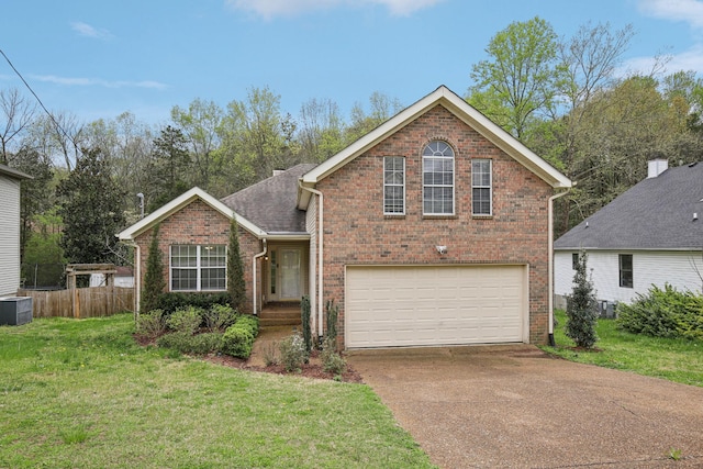 view of front of house featuring fence, an attached garage, concrete driveway, brick siding, and a front lawn