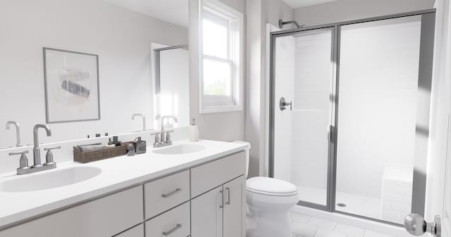 bathroom featuring toilet, a sink, double vanity, and a shower stall