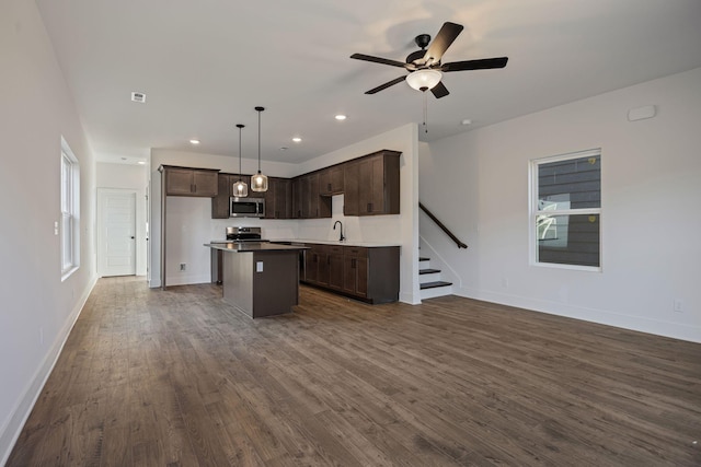 kitchen with dark wood finished floors, a sink, stainless steel appliances, and open floor plan