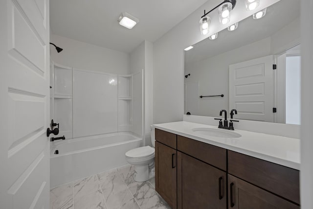 full bath with marble finish floor, toilet, vanity, and shower / washtub combination