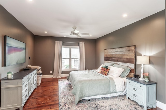 bedroom with baseboards, ceiling fan, wood finished floors, and recessed lighting